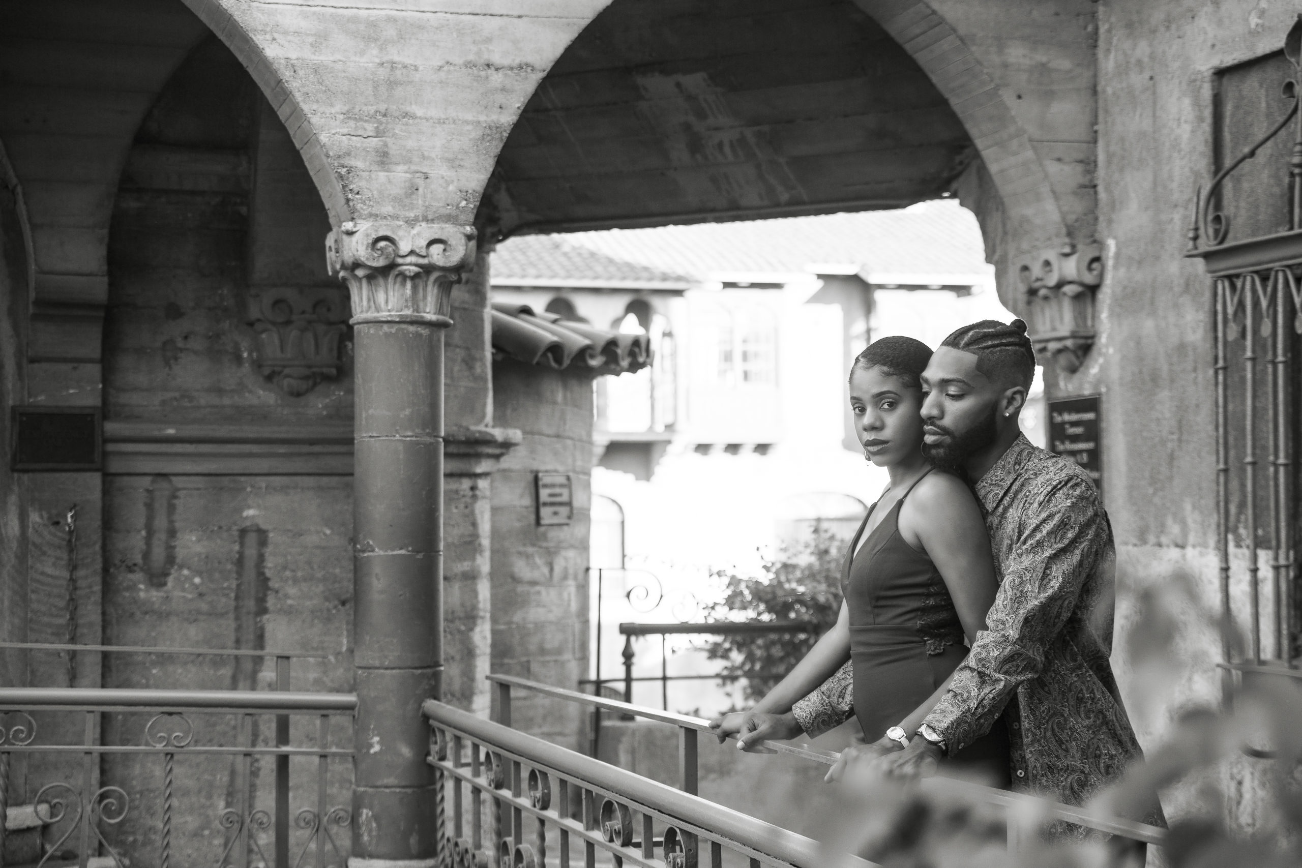 Couple embracing each other outside the beautiful mission inn & Spa.